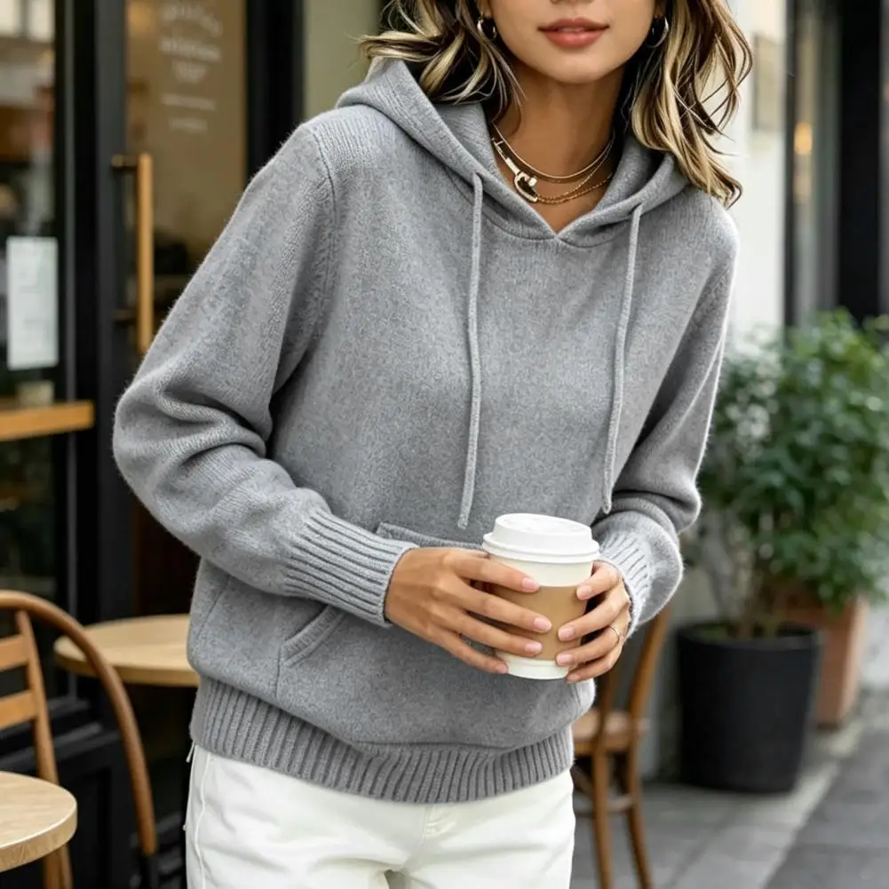 Cozy Autumn Outerwear Women Knit Hoodie Pullover Sweater Long Sleeve Hooded Top with Front Pocket Fall Winter Solid Color