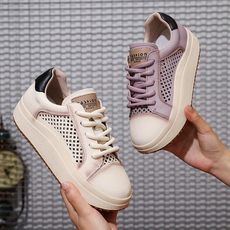 

Fashionable Genuine Leather Women's Summer New Small White Versatile Casual Thick Soled Hollowed Out Big Toe Board Shoes Women's