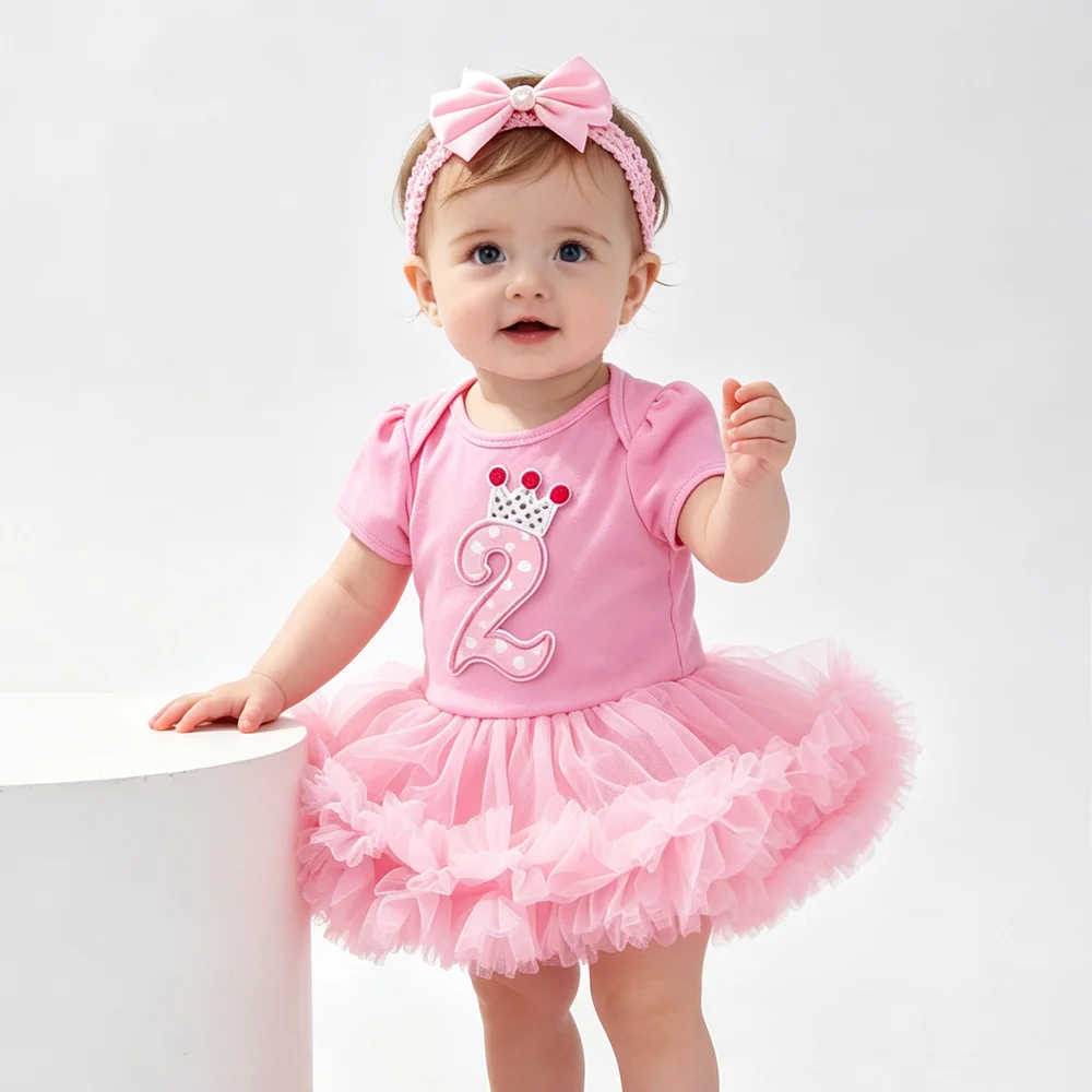 Pink Tutu Dress Romper with Crown Headband Set for Baby Girl 1st/2nd Birthday Outfit Infant Toddler Princess Party Cake Costume