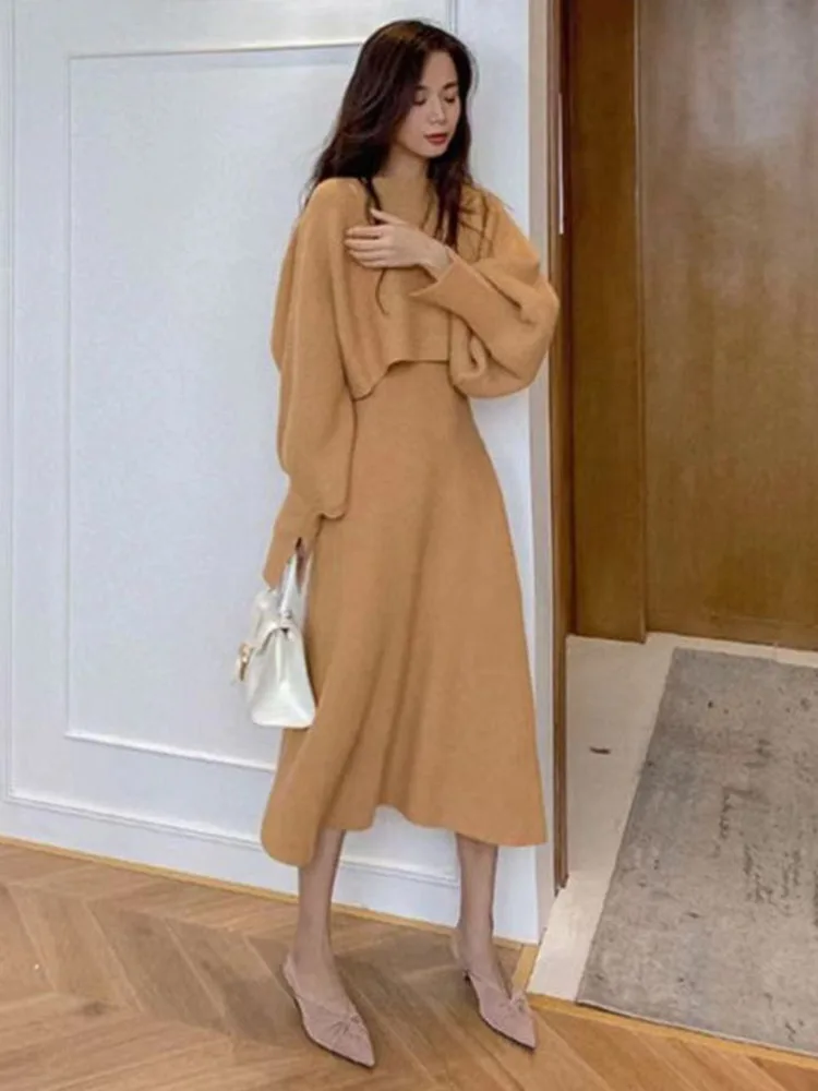 2024 new autumn winter Knit Dress 2 piece sets women outfit Short Sweater pullover Slim Tank Maxi Vestidos conjuntos femininos