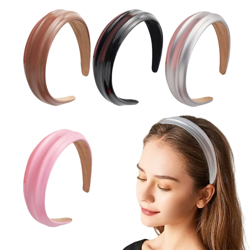 Fashion Solid PU Leather Hairbands For Women Autumn Sponge Wide Edge Thickened Silver Headband