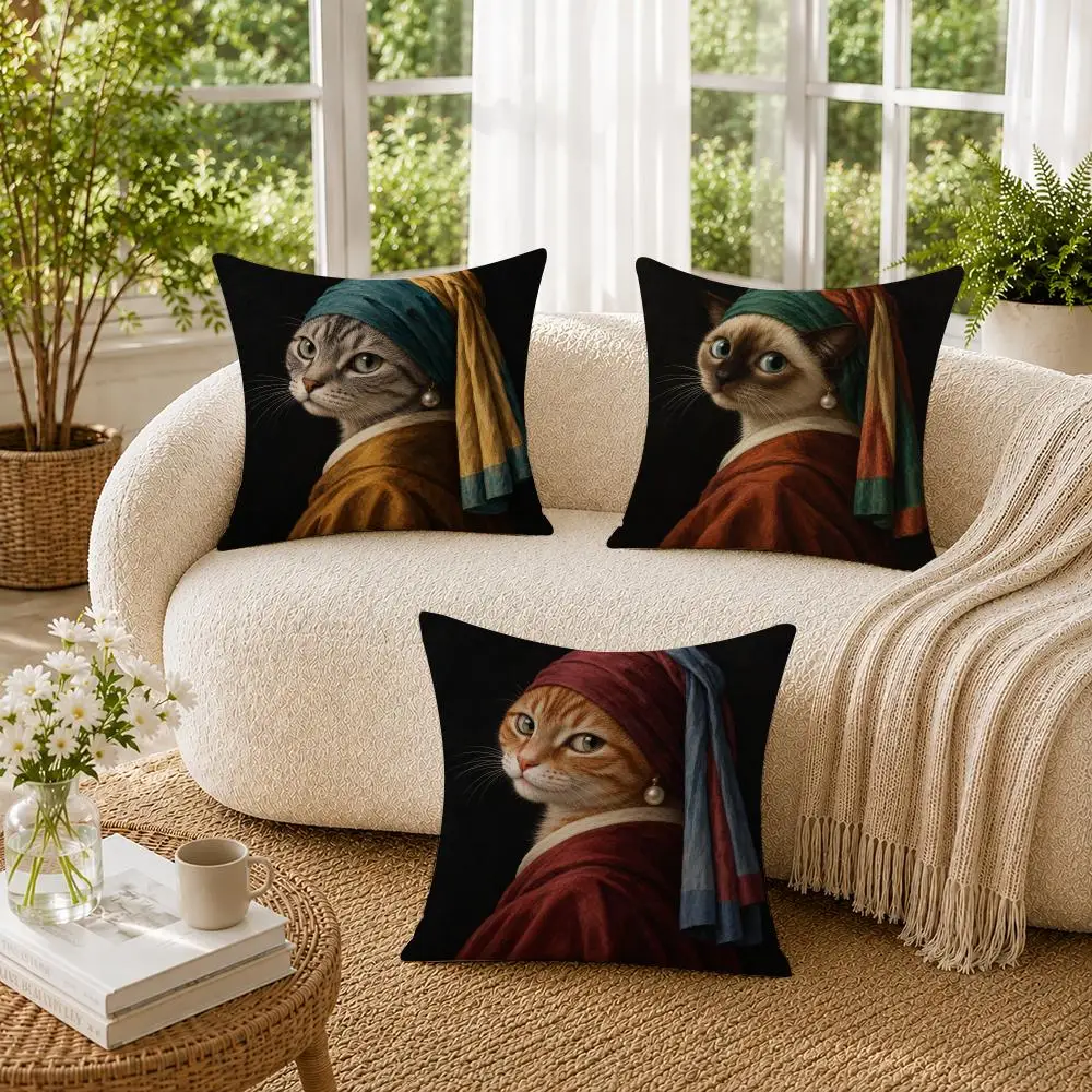 Cat With A Pearl Earring Cushion Cover Soft Short Plush Pillow Cases Hidden Zipper Cutecore Sofa Bedroom Home Decor Gift