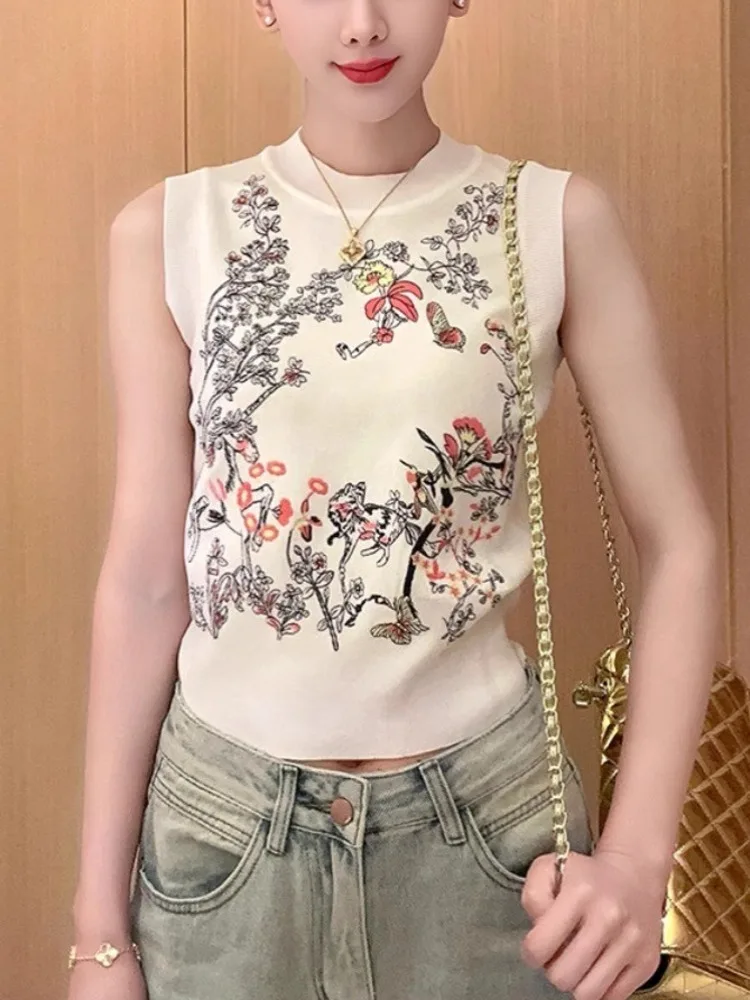 Kamizelki damskie w stylu Vintage 2024 lato haftowane eleganckie stylowe swetry bluzki bez rękawów z okrągłym dekoltem damskie dzianiny