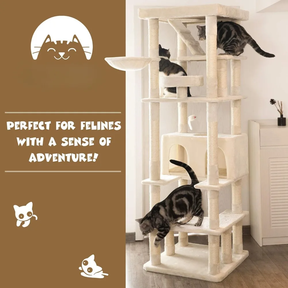 74.8 inches Large Cat Tree with Sisal-Covered Scratching Posts & Condo, Tall Cat Tower Entertainment Playground Furniture