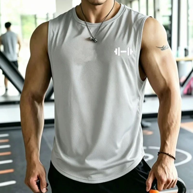 2026 Men mesh Quick Dry Tank Top Print Sleeveless T-shirt Breathable Casual Loose Sports round collar vest men undershirt