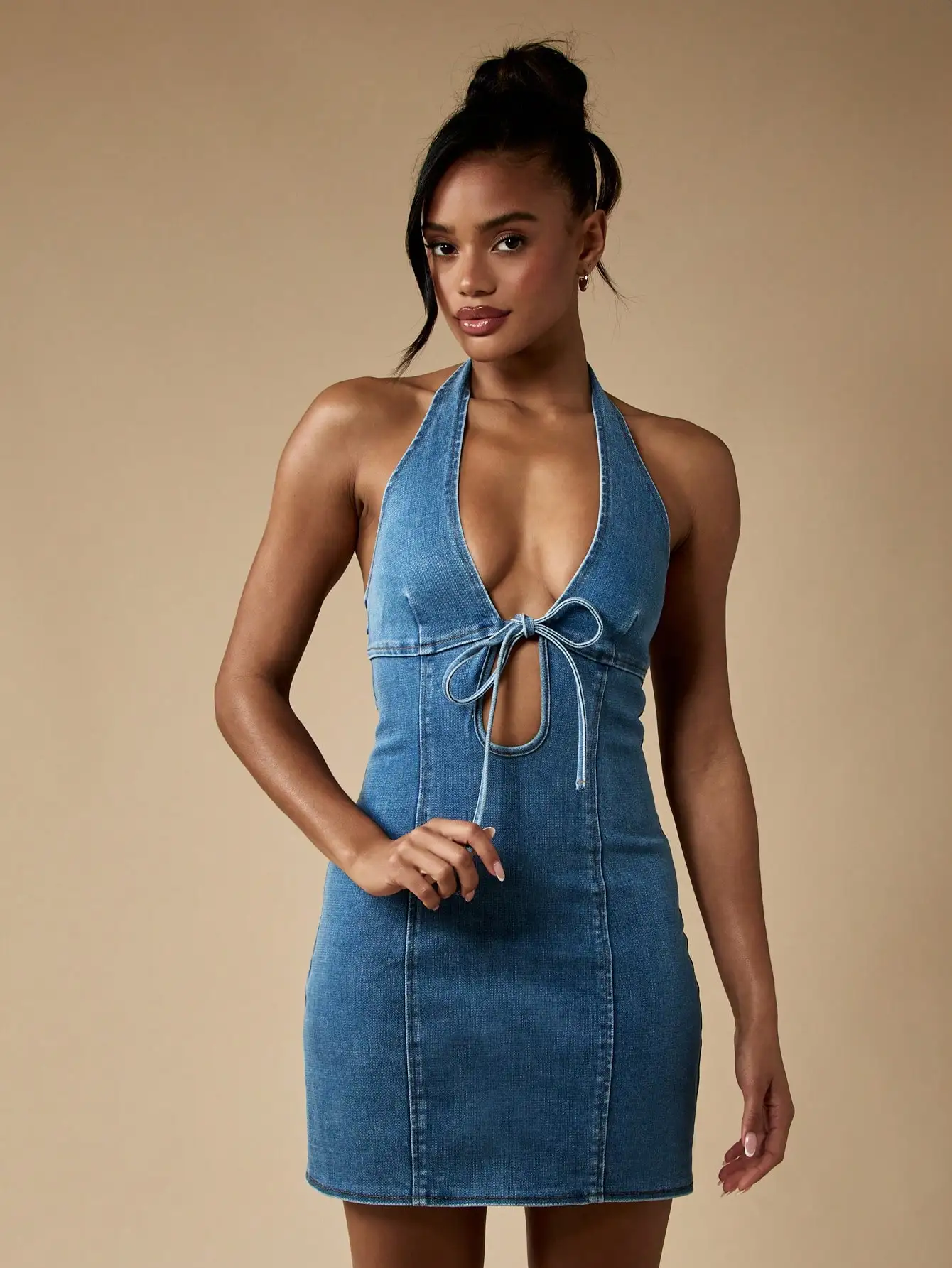 

Denim Halter Mini Dress with Front Keyhole Tie Detail Bodycon Summer Party