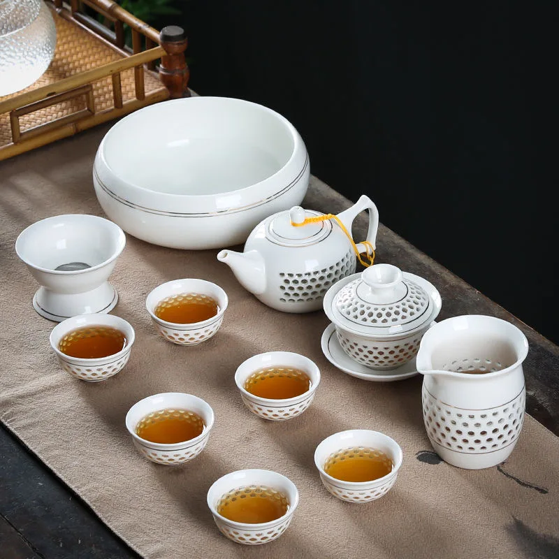 11PCS Hollow Honeycomb Kung Fu Tea Set Blue and White Porcelain Drinkware Ceramic Glass Teacup Teapot Gaiwan Strainer Fair Cup