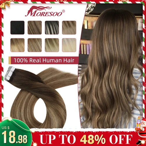 Cinta Moresoo en extensiones de cabello 100% cabello Remy Real cinta adhesiva Invisible Natural brasileña ins extensiones de cabello humano
