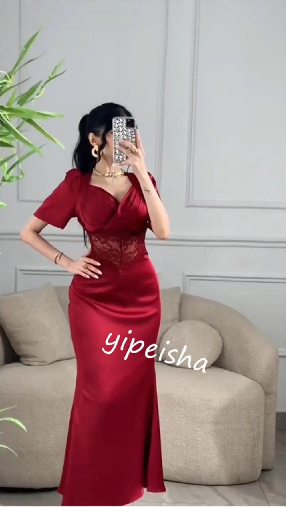 Vestido Midi plisado de satén para fiesta de noche, traje de sirena con cuello en V, a medida, Arabia Saudita