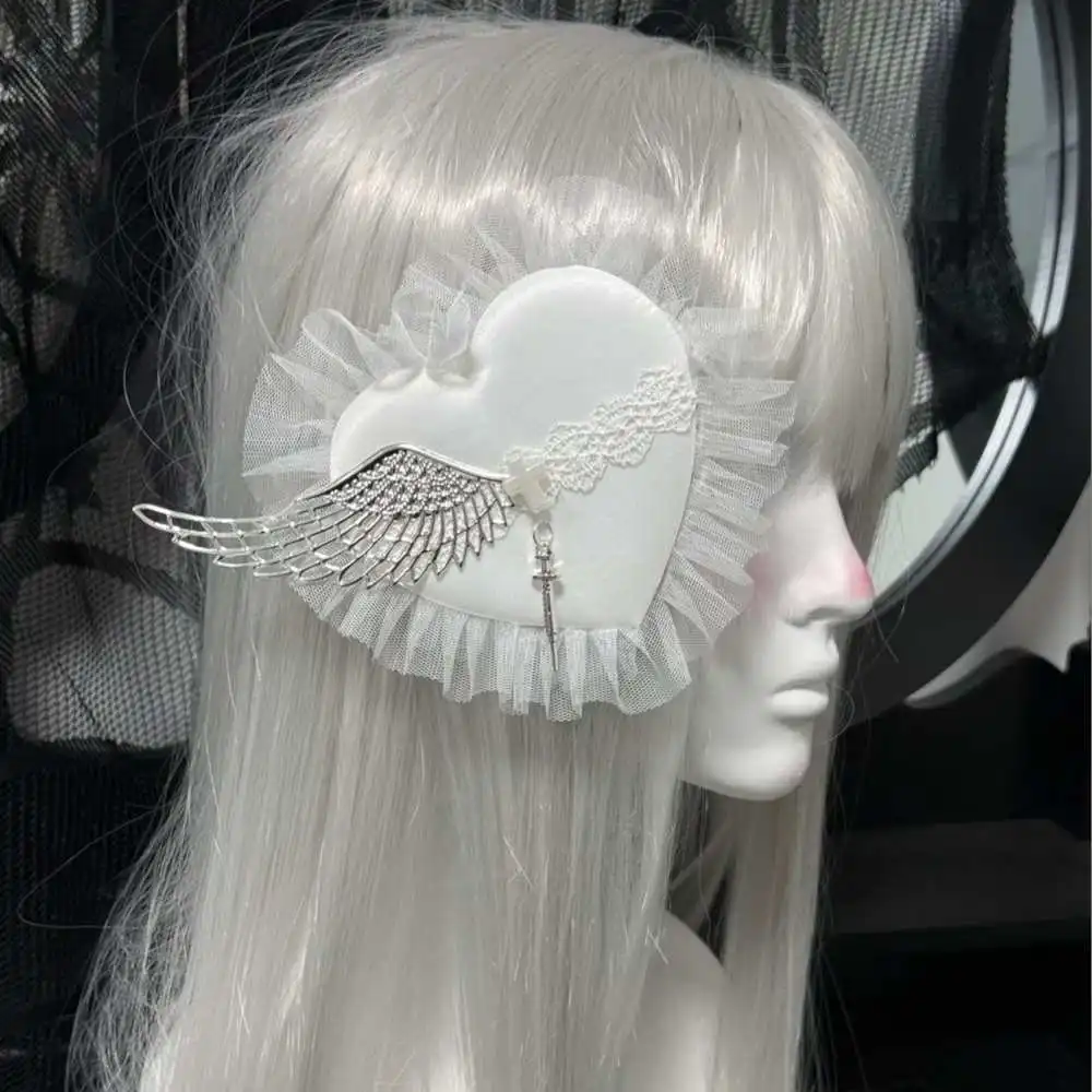 

Girl Original White Heart Shape Cotton Cloth Medical Care Hair Clip With Angel Wing Y2K Lace Lolita Gothic Subculture Hairpin