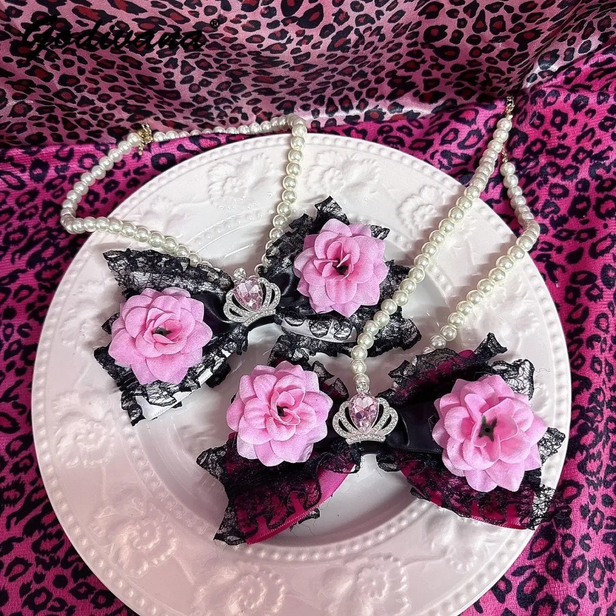 日本製火星姫ガルスタイルドラゴンフルーツカラーホットガールヒョウ柄パールネックレスレトロフラワーネクタイ＆リボン
