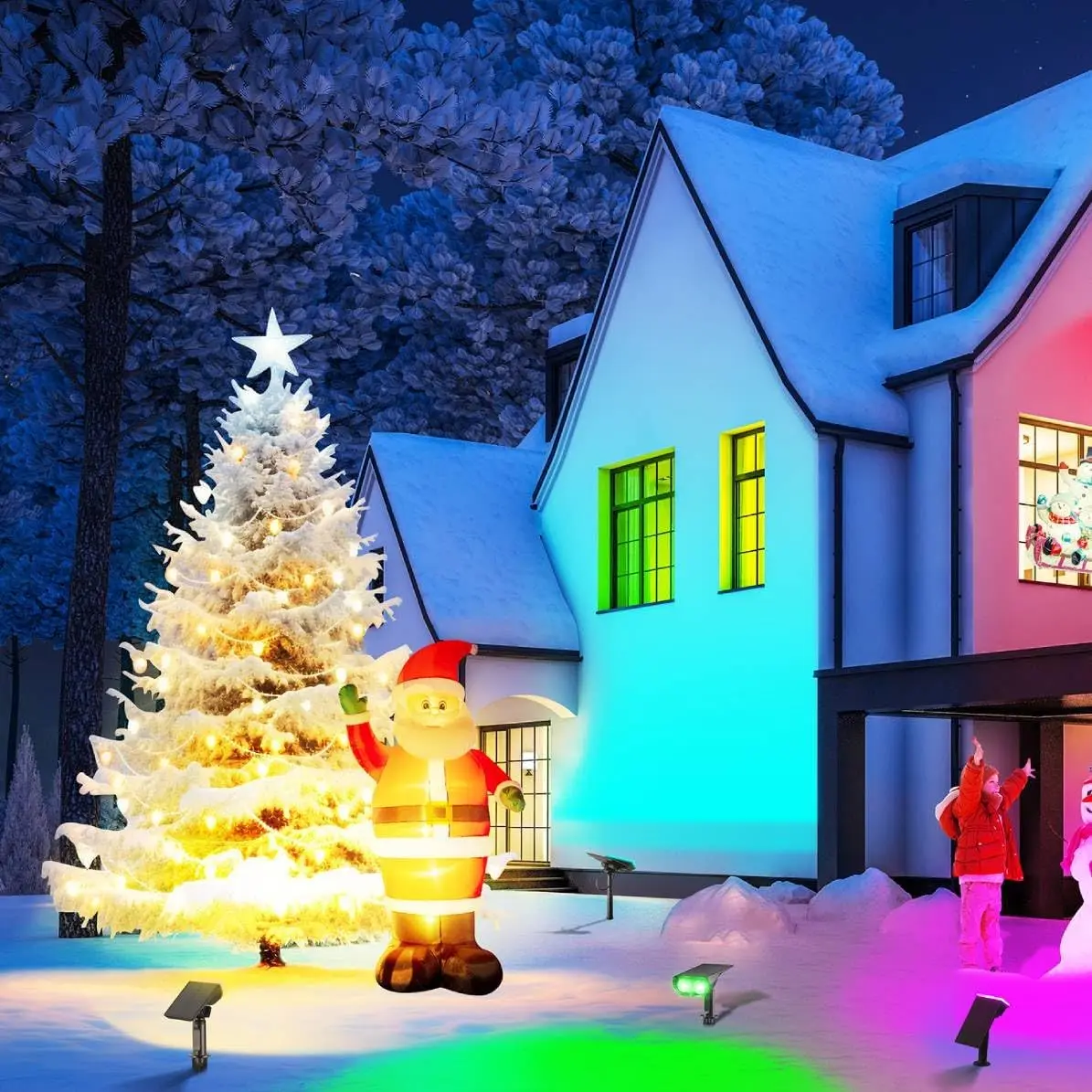 Adjustable 170° Solar Spot Lights Outdoor, 7 Multicolored Waterproof IP65 Garden Landscape Lighting for Yard Pool Tree, 4 Pack