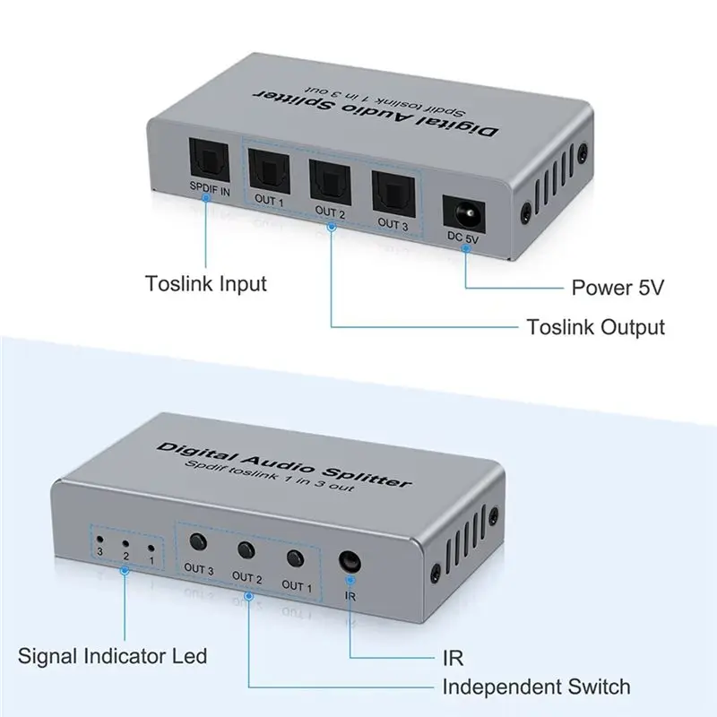 Digital Optical Splitter SPDIF TOSLINK Digital Optical Audio Splitter 1 In 3 Out,Audio Format Support LPCM2.0 Doldy-A25R