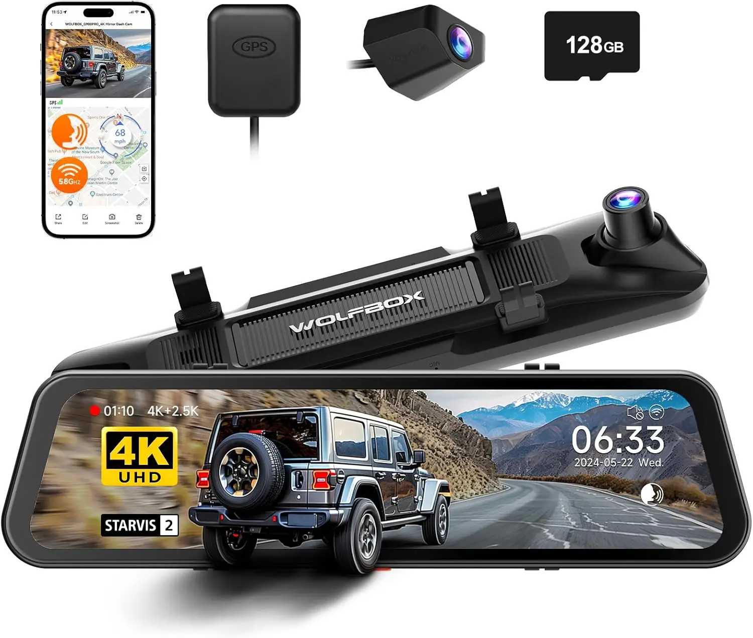 WOLFBOX G900 PRO Dashcam 4K+2.5K Auto DVR Spraakbesturing 5GHZ WI-FI en GPS Videorecorder Voor- en achtercamera - afbeelding 1