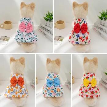 강아지 공주 원피스 프린트 여름, 나비 매듭 단추, 귀엽고 귀여운 강아지 고양이 치마, 얇은 애완 동물 웨딩 파티 치와와 옷
