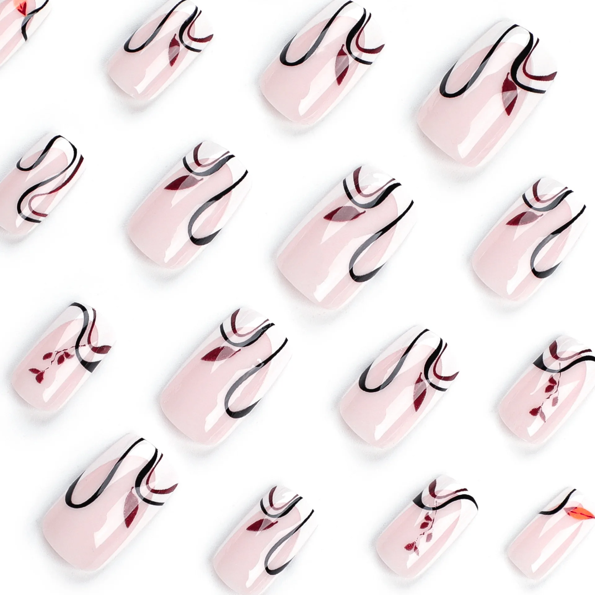 24Pcs rectangular False Nail French white border autumn and winter deciduous leaves Wearable Manicure Press ON Nails Solid