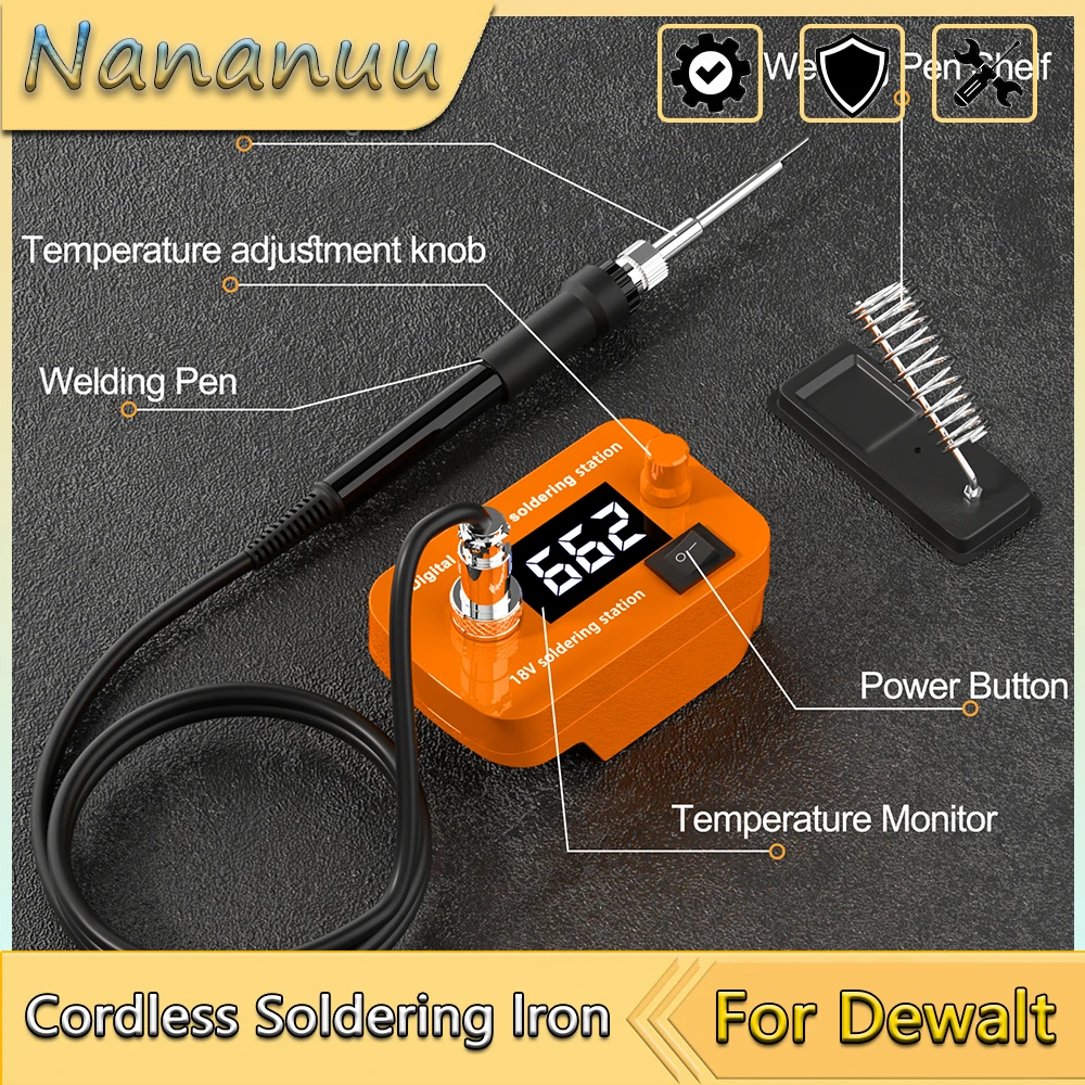 

Беспроводной паяльник Nananuu с регулировкой температуры 300-510°C, быстрый нагрев, 60 Вт, для пайки печатных плат, совместим с аккумуляторами Dewalt Li-ion