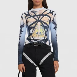 Women's Printed Long Sleeve T-shirt, Fashion Sexy Slim Top, Peace Town Bottom Shirt, Fall, New, 2024, y2k