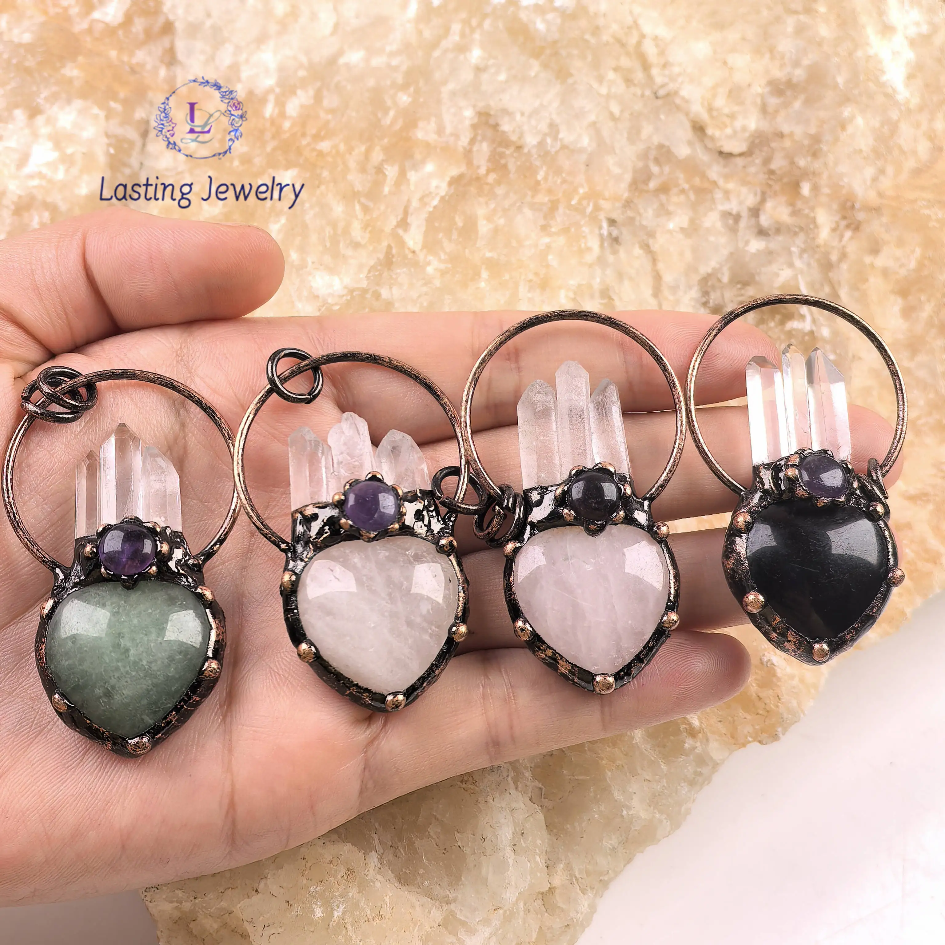 

Heart Stone Raw Crystal Point Soldered Bronze Hoop Pendants,Anitque Copper Amethyst Quartz Charms Necklace DIY Vintage Jewelry