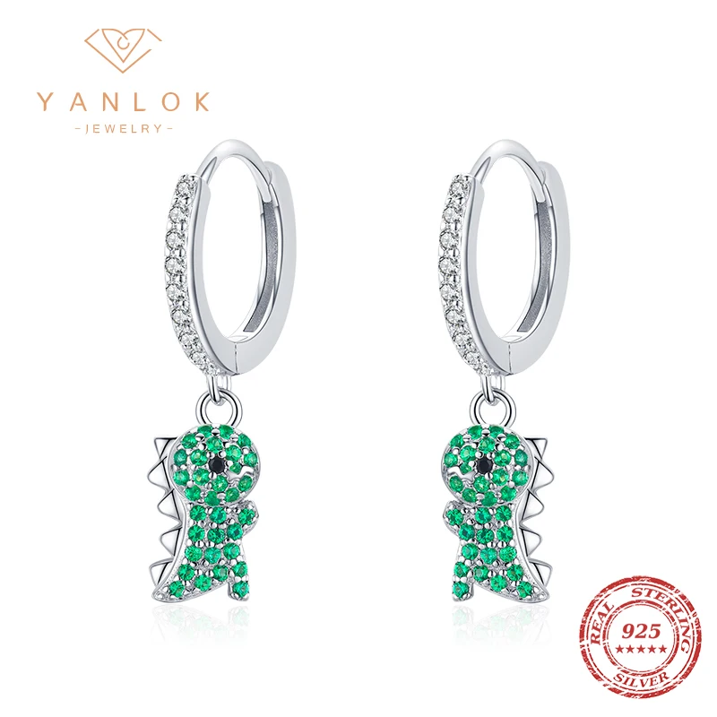 YANLOK Vintage Round Hoop Earrings 925 Sterling Silver Sweet Lovely Green Crystal Dinosaur Earrings for Women Trendy Jewelry