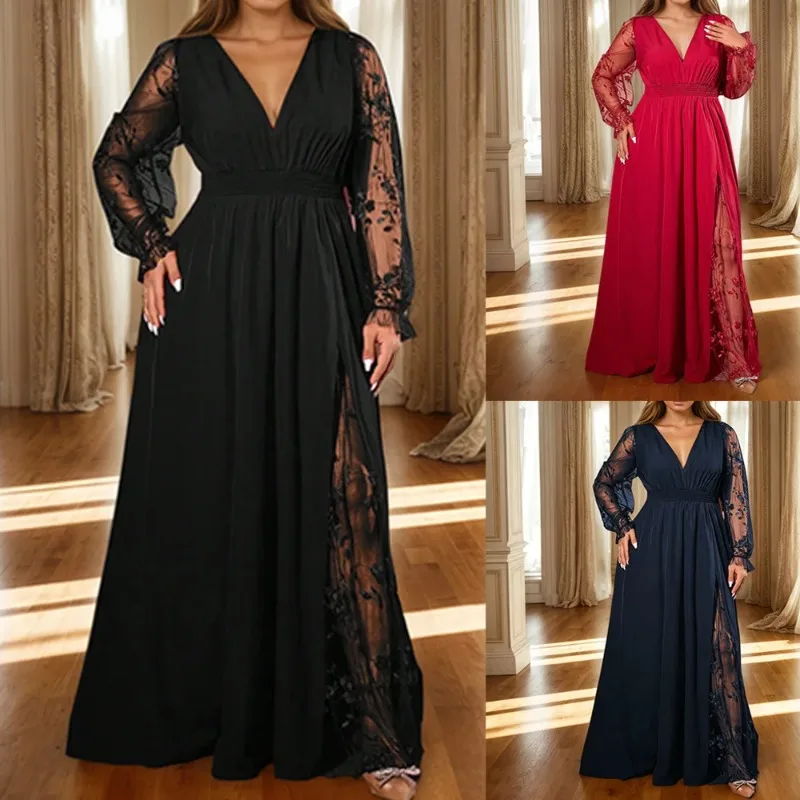Plus Size Clothes Dresses Women Robes Lace Long Sleeve Street Style Casual 3XL 4XL Big Size Long Maxi Dress Oversized