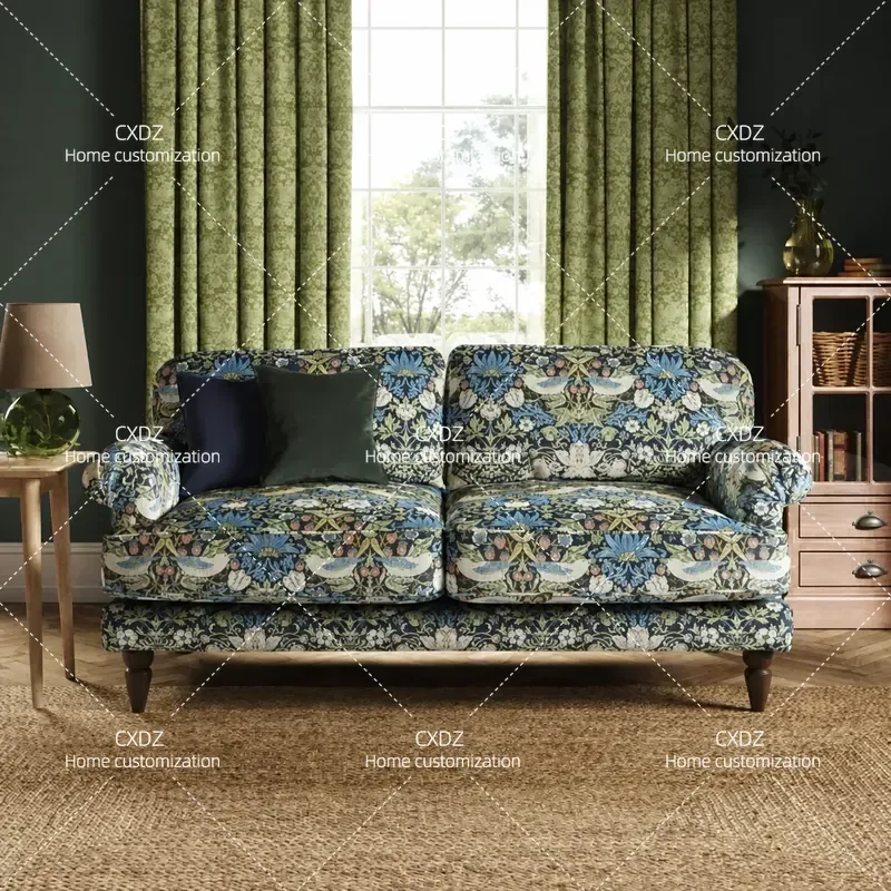Retro Pastoral Fabric 3 Seater Sofa for Living Room Small Apartment Straight Row Removable Washable Floral Pattern Couch
