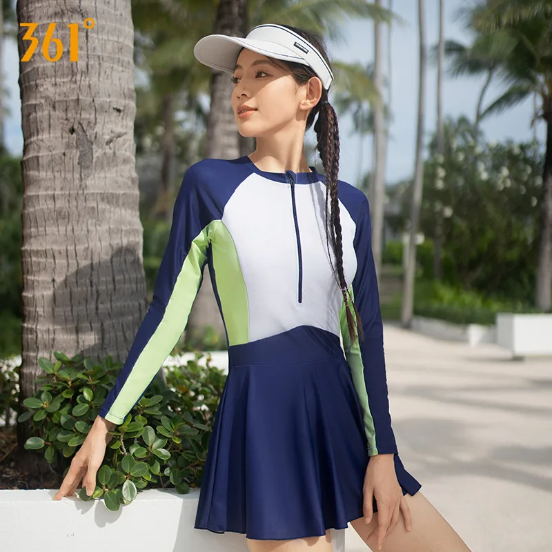 361Women Short/Long Sleeve Water Sports Front Zipper Paded Swim Skirts One Piece Outdoor Athletic Nylon Beach Surfing SwimWear