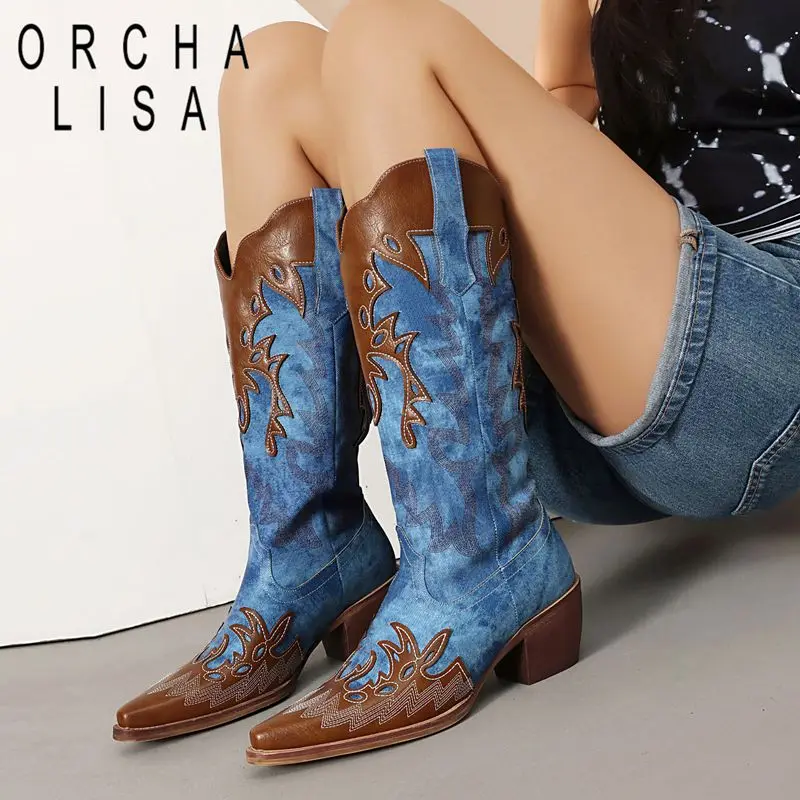 ORCHA LISA Fashion Western Boots for Women Square Toe 6cm Block Heels Slip On Mixed Color Large Size 41 42 43 Mid Calf Winter