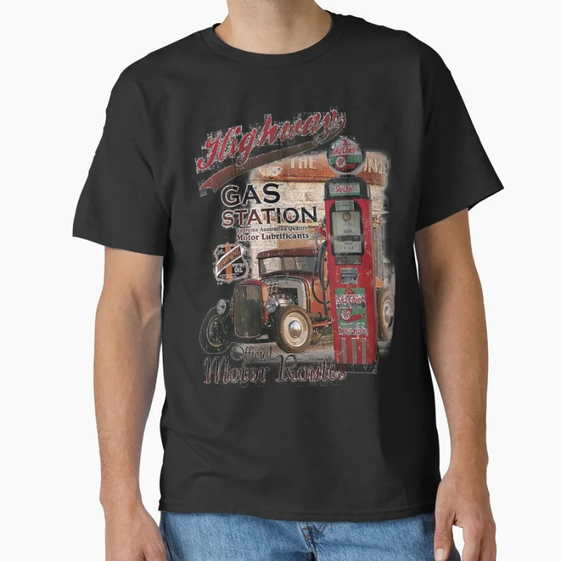 

GAS STATION motor routes old time car Route 66 Americans highway Tour USA road trip gift T-shirt Large size Tops S-6xl