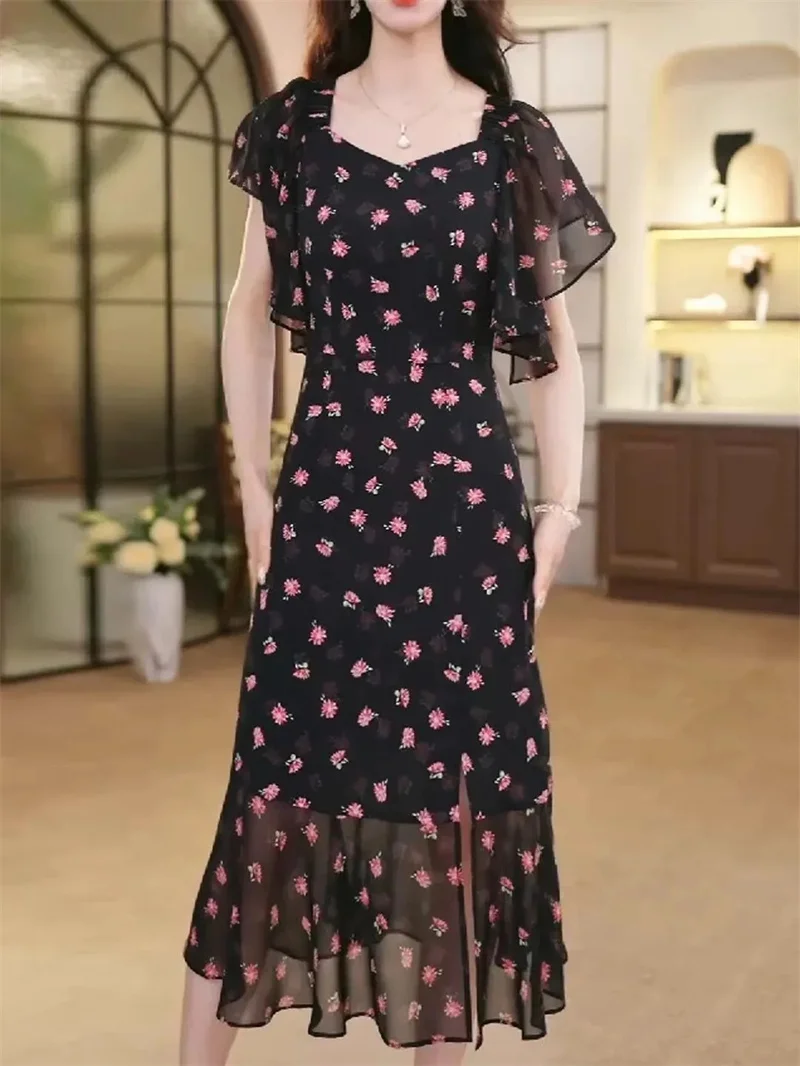 Vestido floral de gasa de manga corta de alta gama para mujer en verano de 2025, nuevo vestido largo para adelgazar y adelgazar en la cintura, escote en V A-l