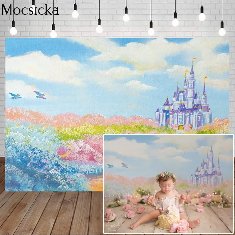 

Mocsicka Fantasy Castle Background Flowers Dreamy Princess Children Birthday Portrait Art Photo Backdrop Decoration Prop studio
