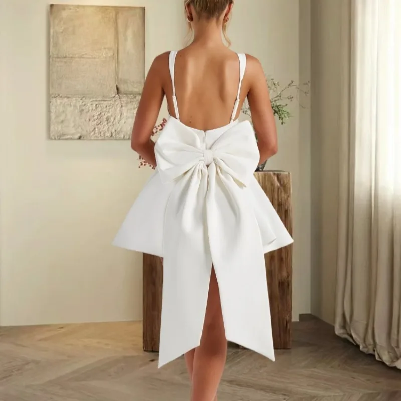 

Backless Big Bow Birthday Dresses for Women Elegant A-line Party Dress Classic Solid Color Mini Dress Fashion Women Clothing