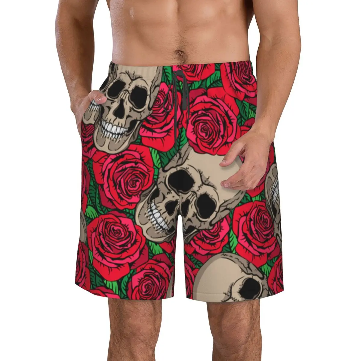 

Skulls And Red Roses Men Swimsuit Swimming Trunks Boxer Swim Beach Quick Dry Swimming Shorts