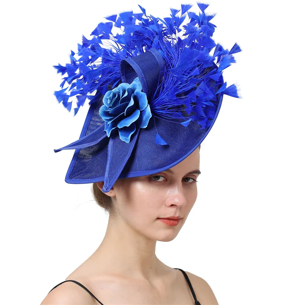 

Elegant Royal Blue Lady Feather Fascinator Women Flower Cocktail Cap Wedding Party Church Pillbox Hat Fedora Hair Accessories