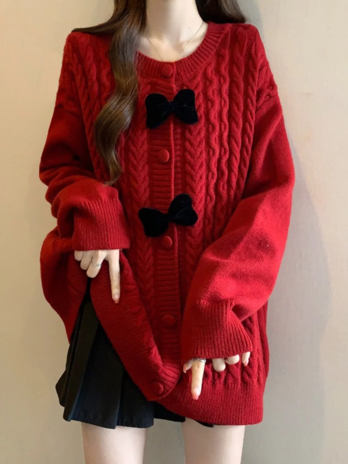 

Velvet Knot Red Twist Knit Sweater Coat Women's plus Size Medium Length Cardigan Spring Early Season Casual Style