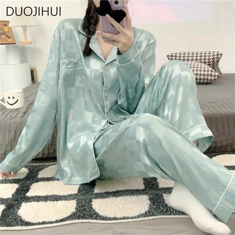 DUOJIHUI Spring Cute Two Piece Casual Home Pajamas for Women New Basic Long Sleeve Simple Pant Fashion Sweet Female Pajamas Sets