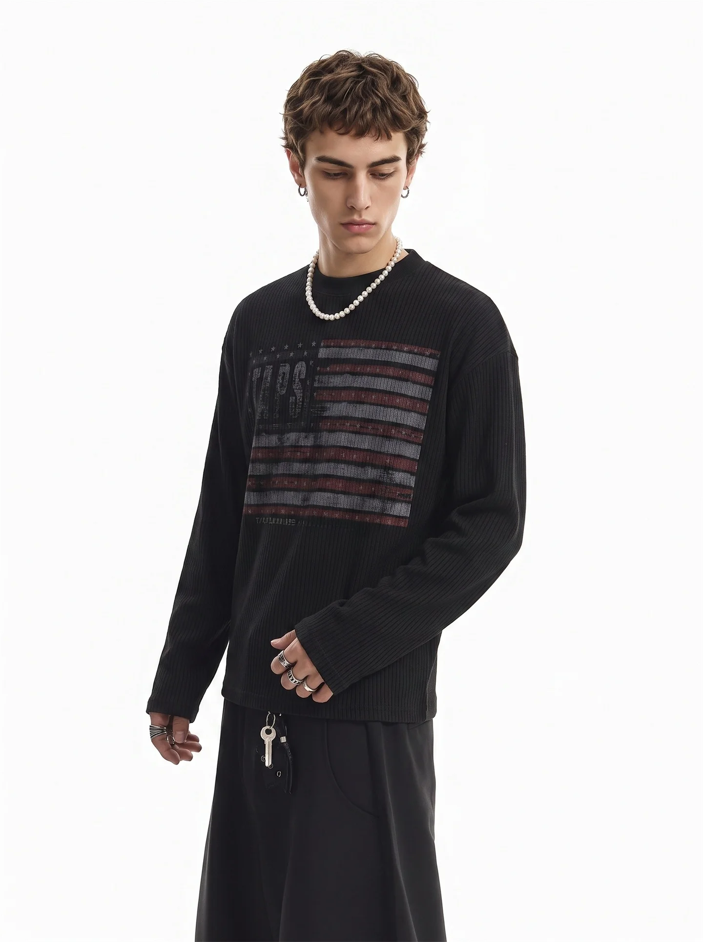BETEBULE American High Street Vintage Flag Print Long Sleeve T-Shirt Men's Autumn Trendy Short Wide Top Youth Fashion