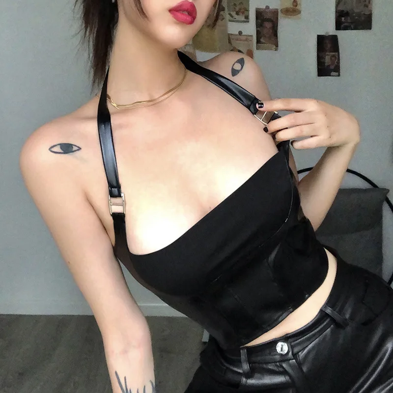 2021 herbst Mode-Trend frauen Kleidung Neue Stil Hängenden Hals Ausgesetzt Zurück Basis PU Leder Slim Fit Weste