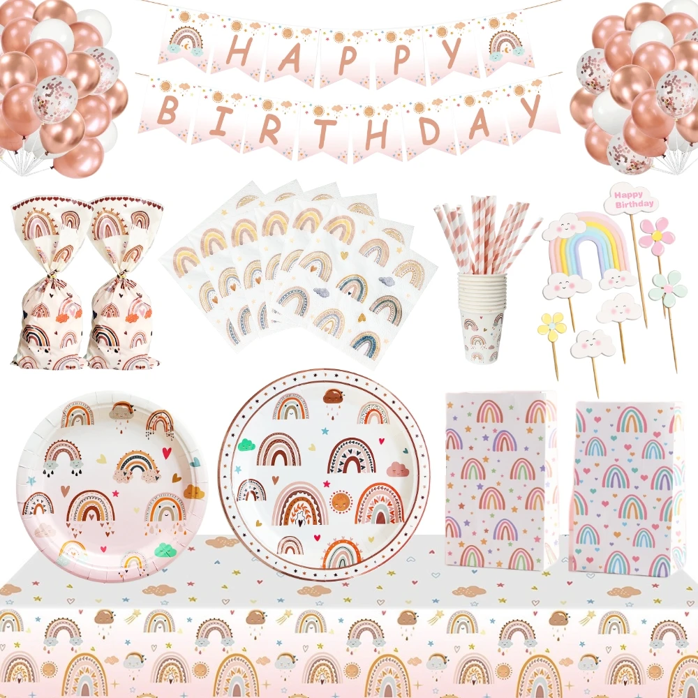 Tęczowy jednorazowy zestaw zastawy stołowej w stylu Boho papierowy kubek talerz obrus artystyczna dekoracja urodzinowa dziewczyna Baby Shower ślub