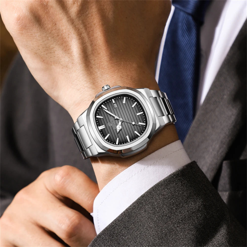 PAAZOMU ساعة فاخرة للأعمال 50 ATM مقاوم للماء ساعة رجالية مضيئة تاريخ الفولاذ المقاوم للصدأ ساحة كوارتز ساعات رجالية reloj hombre