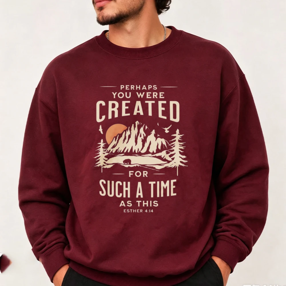 Perhaps You Were Created for Such A Time As This Graphic Sweatshirt Vintage Mountain Bible Verse Print Religious Casual Pullover