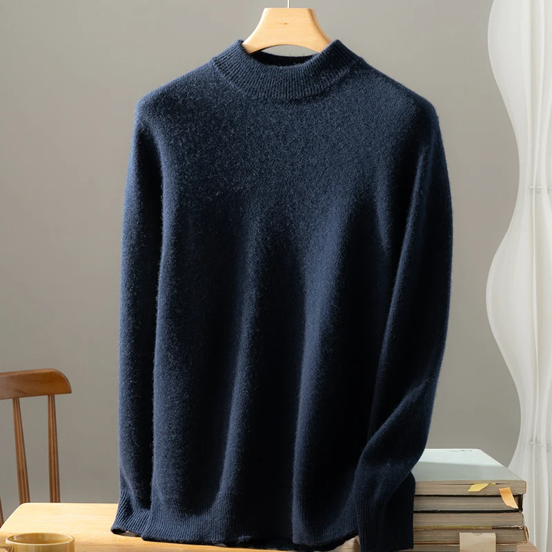 

2025 New Men's 100% Cashmere Sweater Autumn Winter Mockneck Thick Long Sleeve Pullover Smart Casual Basic Cashmere Knitwear Tops