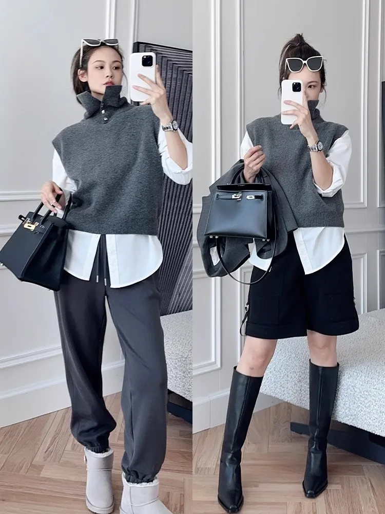 

Женский жилет из 100% шерсти, повседневный, однотонный, вязаный, без рукавов, с отложным воротником, на пуговицах, свободного кроя