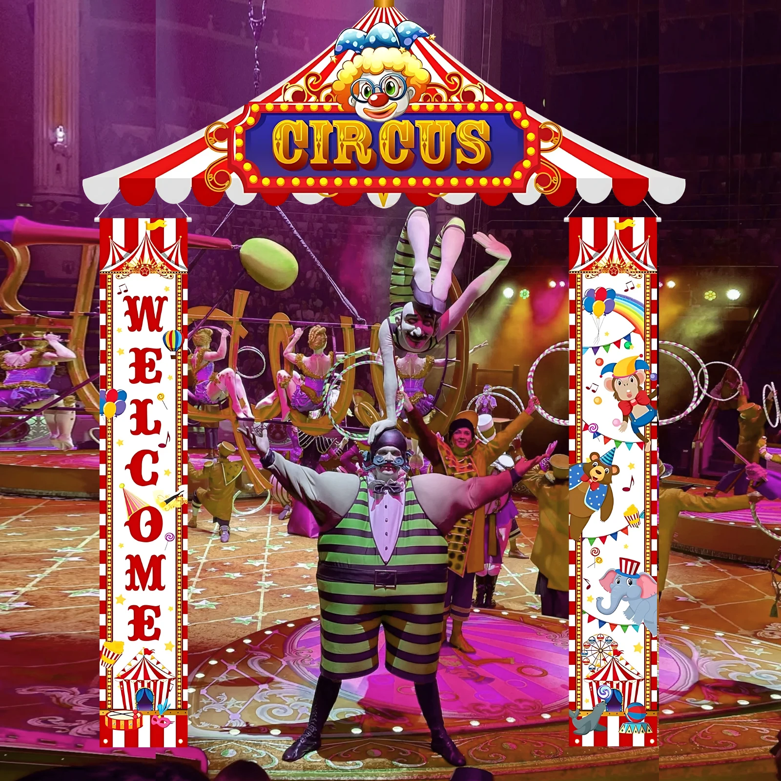 3 قطع لافتة شرفة السيرك الكرنفالية، زينة حفلات موضوع السيرك، مجموعة لافتات باب ترحيب الكرنفال، عيد ميلاد كرنفال معلق