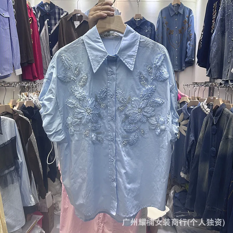 All-match New Spring Summer Loose Women Short Sleeve Cardigans Top Beading Flowers Embroidery Single-breasted Casual Shirts
