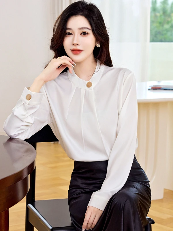 

Fashionable White Long Sleeve Chiffon Shirt Women's Spring Commute Versatile Slimming Top Polyester Fiber Knot