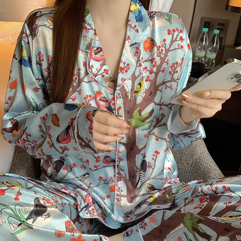 Women\'s Pajamas Sets Spring Autumn 2 Piece Print Forest Pyjama Faux Silk Satin Sleepwear Long Sleeve Pijama Mujer Pjs Homewear