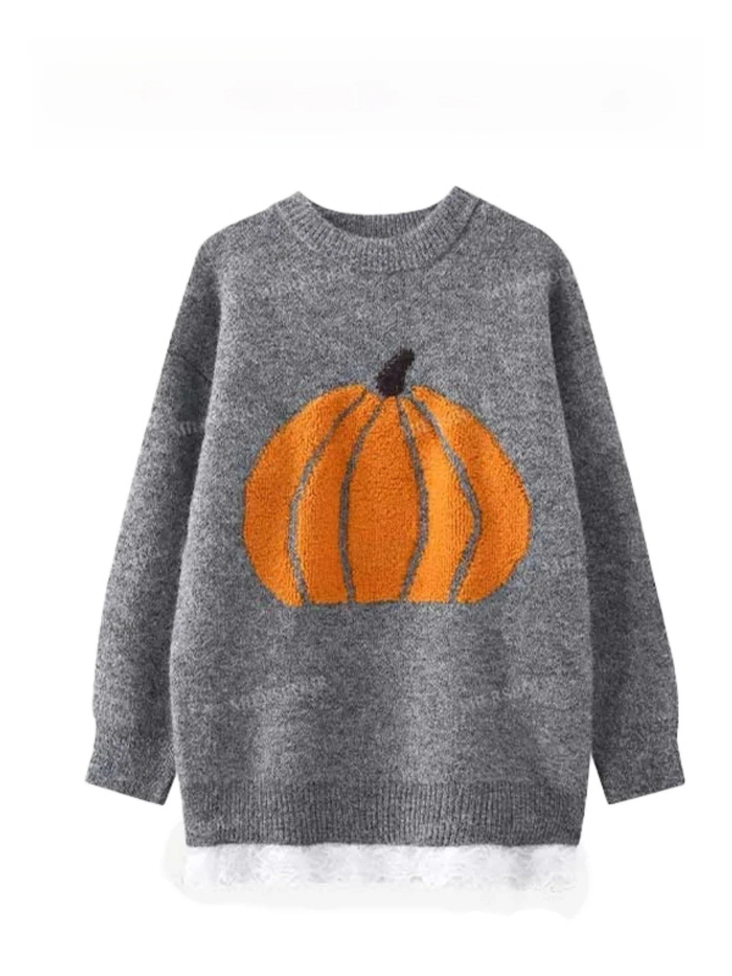 

Вязаный свитер с вышивкой тыквы, круглый вырез, свободный крой, женский, весенняя новинка, удобный, в корейском стиле, трикотаж