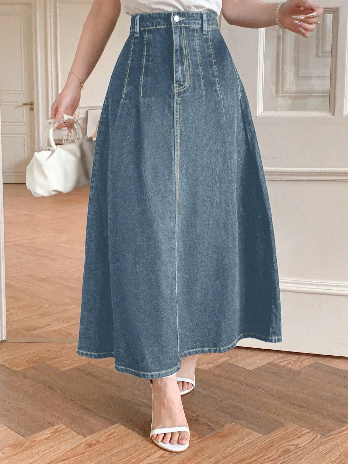 Women's High Waist A-Line Denim Midi Skirt Casual Spring Summer