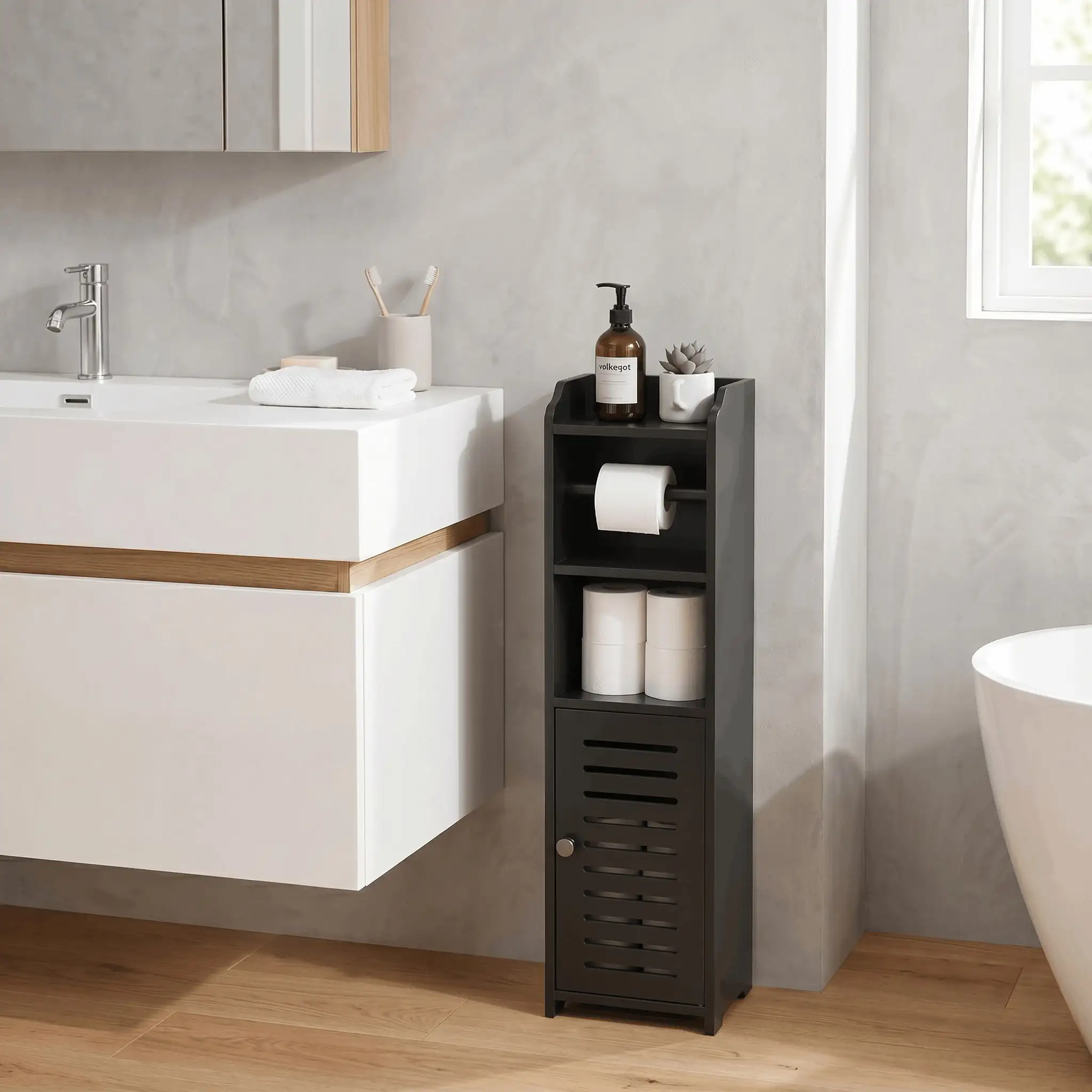 BLUE AYE Slim Freestanding Bathroom Organizer Shelf In White Black Gray, Space-Saving Toilet Paper Storage Cabinet With Tissue Holder, Multi-Functional Bathroom Storage Rack For Small Bathrooms, Easy Install Durable Home Organization Furniture